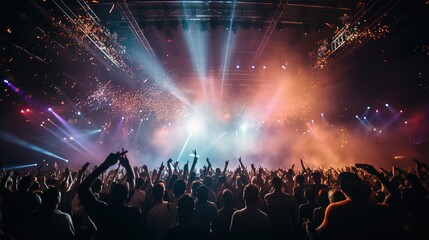 Crowded concert hall with stage lights, bright colored spotlights and smoke. Performance of a singer, artist, musician, band, disco in a club with people silhouette