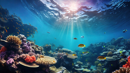 Underwater view ecosystem. Marine life in tropical waters