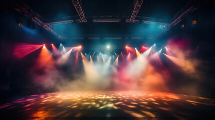 Empty night club stage illuminated with red and blue spotlights. Retro dance floor. Scene with laser beams, lamps ,billowing smoke. Disco dancing area interior. Party background