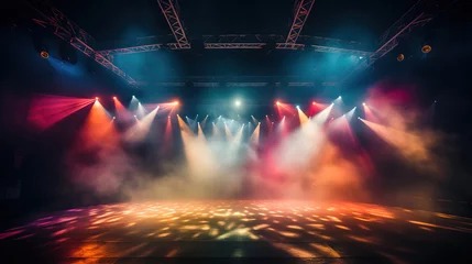 Foto op Plexiglas Empty night club stage illuminated with red and blue spotlights. Retro dance floor. Scene with laser beams, lamps ,billowing smoke. Disco dancing area interior. Party background © Irina Sharnina