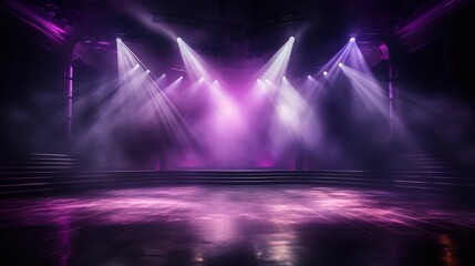 Empty fog stage in purple lighting. Nightclub spotlights. Party background