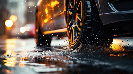 The car drives through puddles after the rain. Close-up of car tires and splashes of water on wet asphalt in the rain. Driving extreme - obrazy, fototapety, plakaty