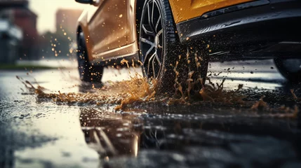 Foto op Aluminium The car drives through puddles after the rain. Close-up of car tires and splashes of water on wet asphalt in the rain. Driving extreme © Irina Sharnina