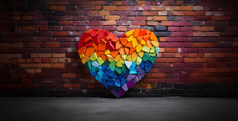 a white brick wall with heart graffiti in rainbow color , heart on brick wall. Generative Ai content