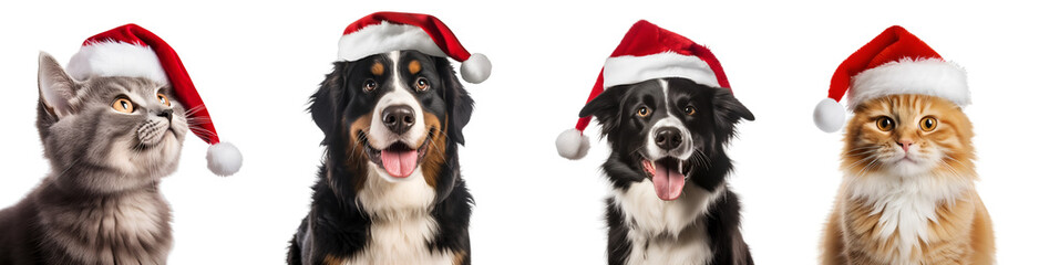 Pet shop and veterinary clinic Christmas special: Web poster featuring dogs and cats with Santa Claus hats on transparent background, png - Generative AI