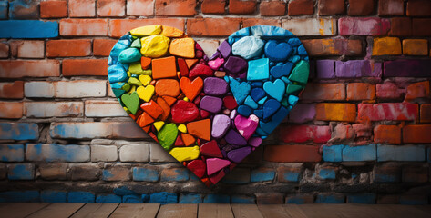 a white brick wall with heart graffiti in rainbow color. Generative Ai content