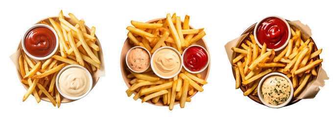 Top-down view of a basket of fries, with a side of ketchup and mayo dips, their colors popping against the white background. - obrazy, fototapety, plakaty
