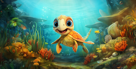 Fototapeta na wymiar a cute turtle swimming under the sea. Generative Ai content