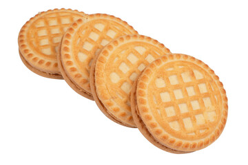 Sandwich biscuits with chocolate filling on a white background