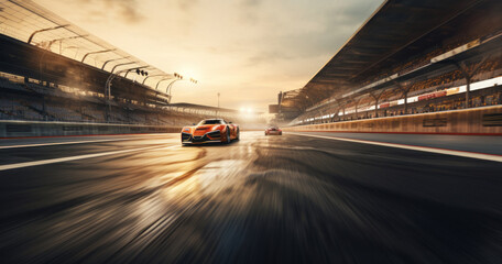 Race car on the track at sunset. Motion blur. Blurred background