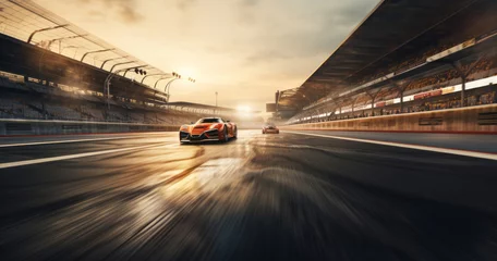 Fotobehang Race car on the track at sunset. Motion blur. Blurred background © LAYHONG