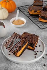 Chocolate brownies with spicy pumpkin cheesecake. Halloween or Thanksgiving dessert. Copy space.