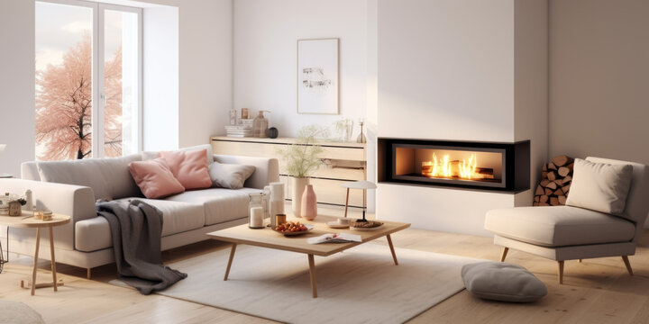 Modern living room interior with fireplace, coffee table and sofa. 3d render