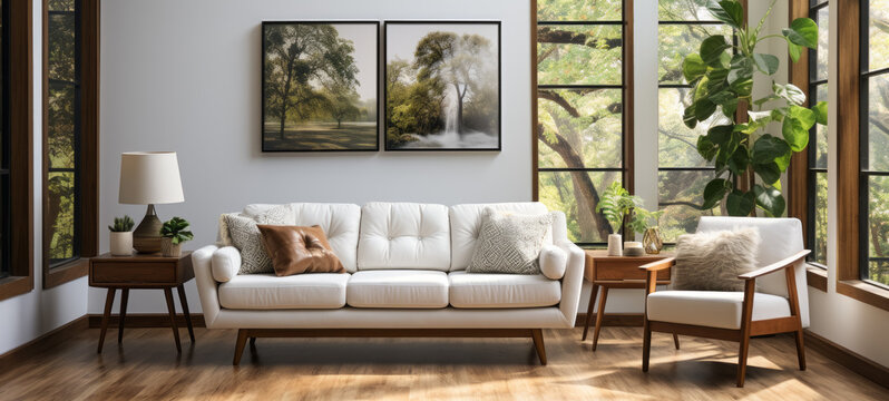 Living room interior design with white sofa and armchair. 3d render