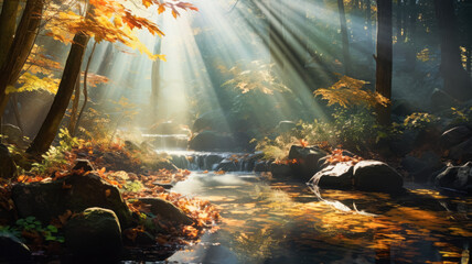 Autumn forest with stream and sunbeams. Natural background.
