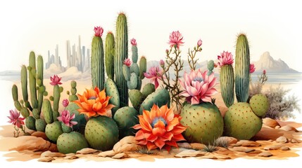  a painting of a cactus and other plants in the desert.  generative ai