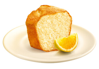 prato com fatia de bolo de laranja acompanhado de fatia de laranja fresca isolado em fundo...