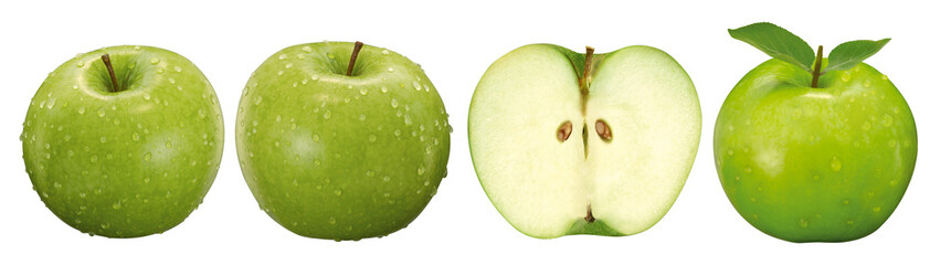composição com maçã verde inteira e maçã verde cortada isolado em fundo transparente - obrazy, fototapety, plakaty