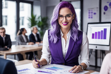 AI generated photo of a confident professional businesswoman with purple hair working in modern...