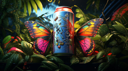 insect duet can drink, perched on leaves, colorful cyberpunk colors with generative ai