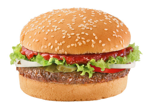 hamb&uacute;rguer com ketchup, alface, tomate, cebola e picles no p&atilde;o com gergelim isolado em fundo transparente