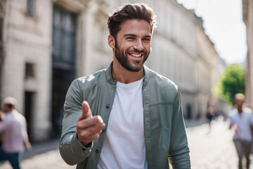 Naklejka premium AI generated image of a smiling bearded man stands on city street.