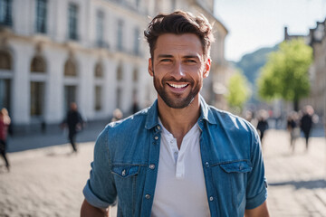 AI generated image of a cheerful young adult with a beard smiling on a city street.
