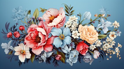  a painting of a bouquet of flowers on a blue background.  generative ai