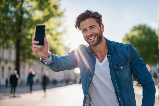 AI generated image of a cheerful young man with a mobile phone standing and smiling on a city street.