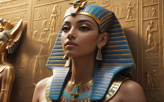 Female pharaoh, ancient egyptian hieroglyphs, egyptian statues with egyptian symbols, covered with gold, generative ai