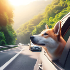 Cute long ear corgi brown dog put head outside of car window looking to the beautiful natural sunset long road and warm light and fog,dog in car