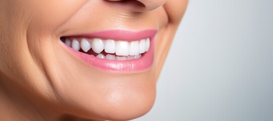Fototapeta premium Generative AI, senior woman mouth or teeth smiling, hygiene or dental cleaning cosmetic service