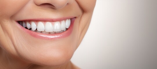 Obraz premium Generative AI, senior woman mouth or teeth smiling, hygiene or dental cleaning cosmetic service