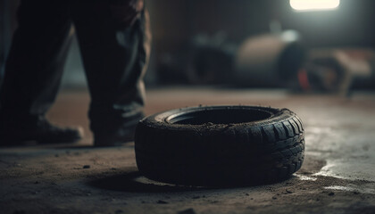 Mechanic repairing dirty tire on old car in dark workshop generated by AI - obrazy, fototapety, plakaty