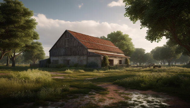 Rustic farm landscape with old barn and tree in meadow generated by AI