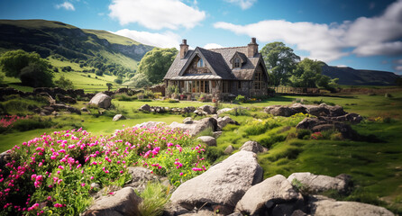 Fototapeta na wymiar Beautiful view of a old stone country house in summer with a blue sky summer garden landscape