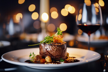 Close up of delicious gourmet main dish meat on table in bokeh lights with elegant resturant. Special course meal concept for events and celebrations. 