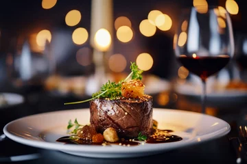  Close up of delicious gourmet main dish meat on table in bokeh lights with elegant resturant. Special course meal concept for events and celebrations.  © cwa