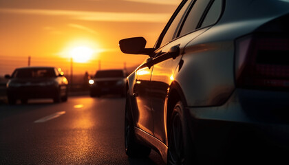 Fototapeta na wymiar Sports car speeds through city traffic at dusk, headlights shining generated by AI