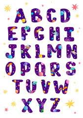 English Alphabet vertical poster. Space theme letters - planets, stars, galaxy, rocket, astronaut, alien, comet, asteroid, meteor. Isolated on white. Portrait orintation. Abs set collection