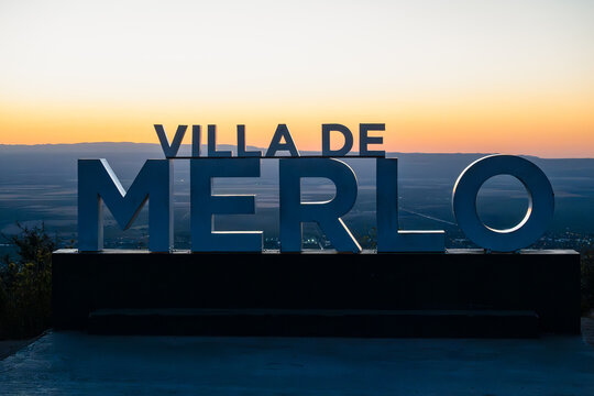 Villa de Merlo, San Luis, Argentina. Welcome sign at sunset.