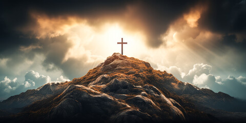 He Is Risen: The Holy Cross and the Light-Shrouded Sky Over Golgotha - obrazy, fototapety, plakaty