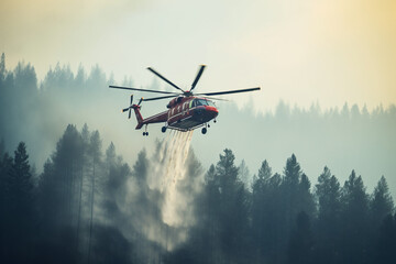 Fototapeta na wymiar Fire fighting helicopter leaves water to the forest