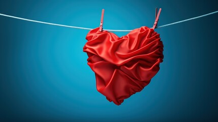  a red heart shaped object hanging on a clothes line with a blue background.  generative ai