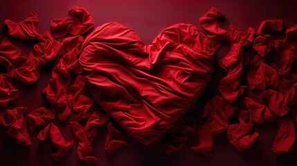  a heart shaped piece of cloth on a red surface with a red background.  generative ai