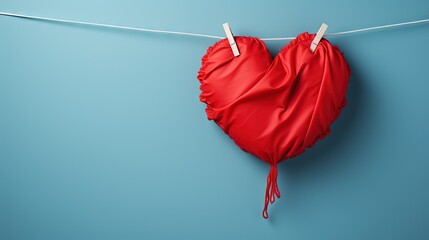  a heart shaped pillow hanging on a clothes line with clothes pins.  generative ai