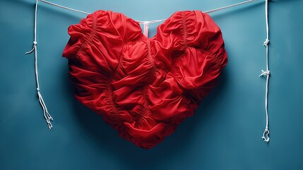  a red heart hanging on a clothes line with a string.  generative ai