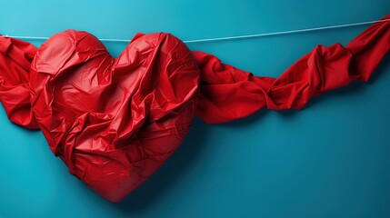  a red heart hanging on a clothes line with a blue background.  generative ai