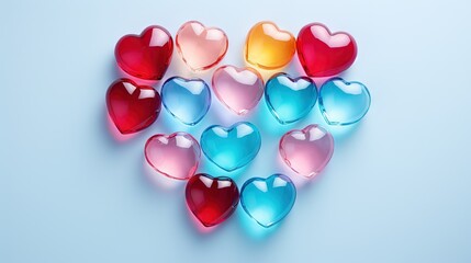  a group of heart shaped candies on a blue background.  generative ai