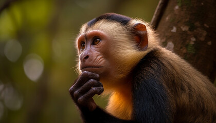 Young macaque sitting in tropical rainforest tree generated by AI - obrazy, fototapety, plakaty